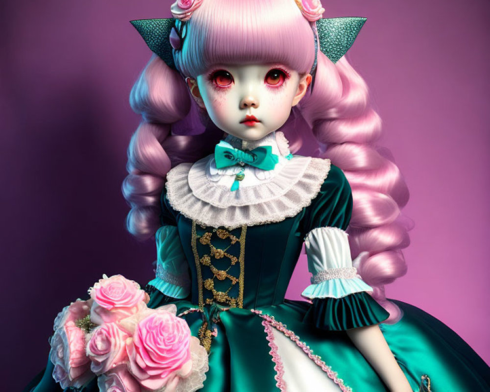 Pink-haired doll figure in Victorian-style blue dress with roses