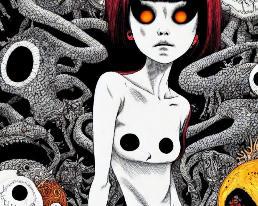 Pale girl with red hair and glowing eyes in surreal chaotic background