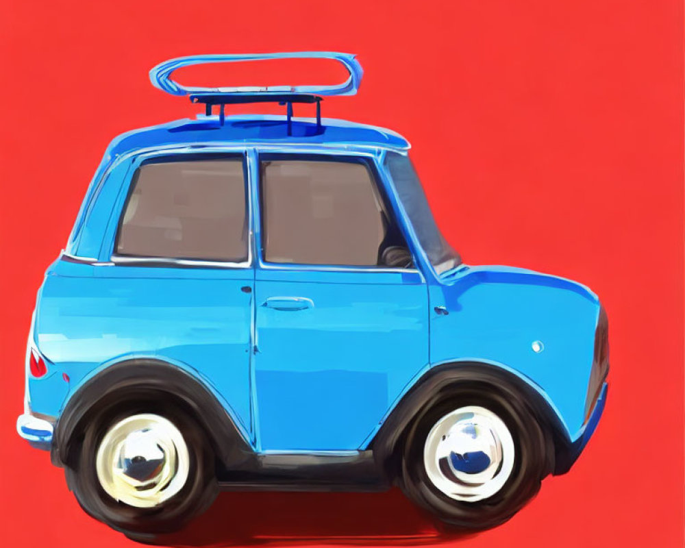 Compact Blue Car Illustration with White Wheels on Red Background