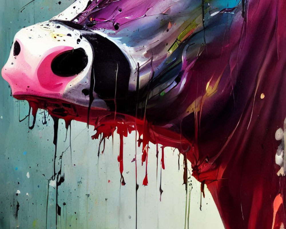 Vibrant abstract cow face painting with dripping paint details