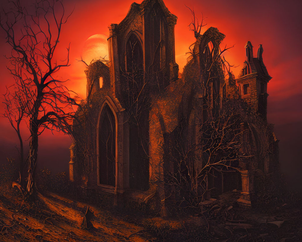 Eerie Gothic church scene with barren trees and red sky