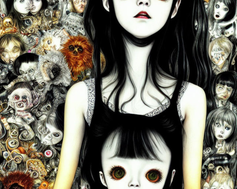 Surreal illustration of girl with red eyes holding smaller version, surrounded by eerie faces