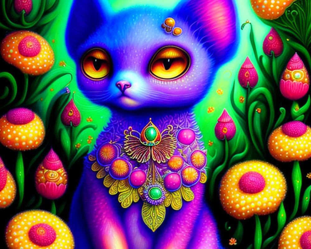 Colorful illustration of mystical blue cat with yellow eyes in whimsical flora.