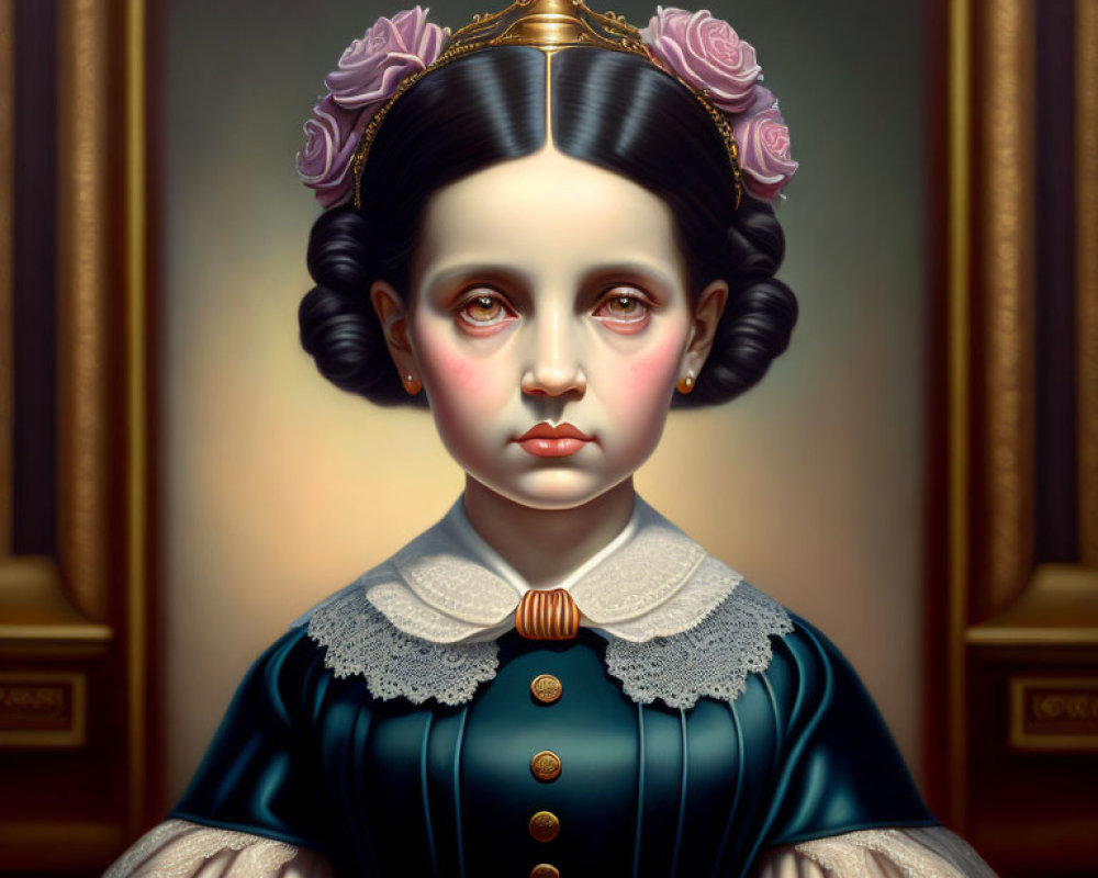 Portrait of young girl with large eyes, crown, purple roses, Victorian dress