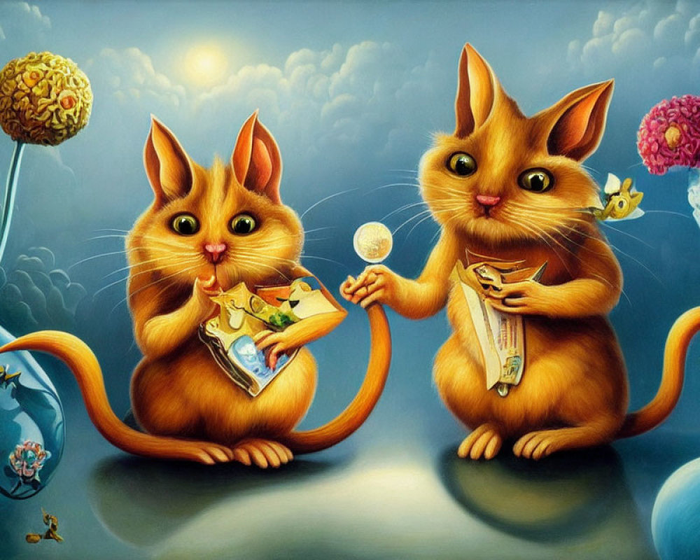 Whimsical cartoon cats with lollipops and map under surreal sky