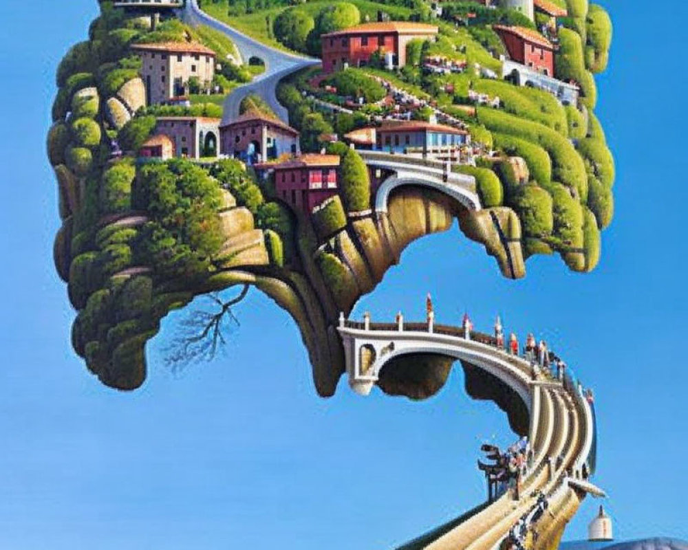 Surreal brain-shaped landscape with tree-covered houses, roads, bridge, and horse-drawn carriage