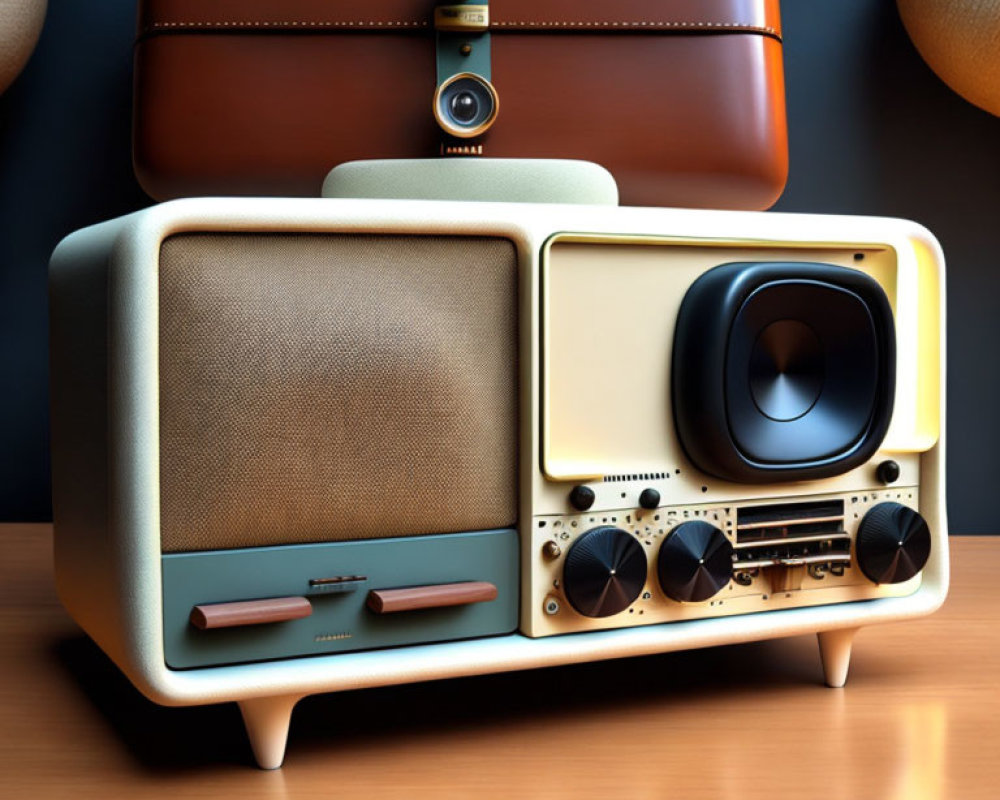 Vintage-style radio on wooden shelf with camera and travel case - a mix of retro and modern design