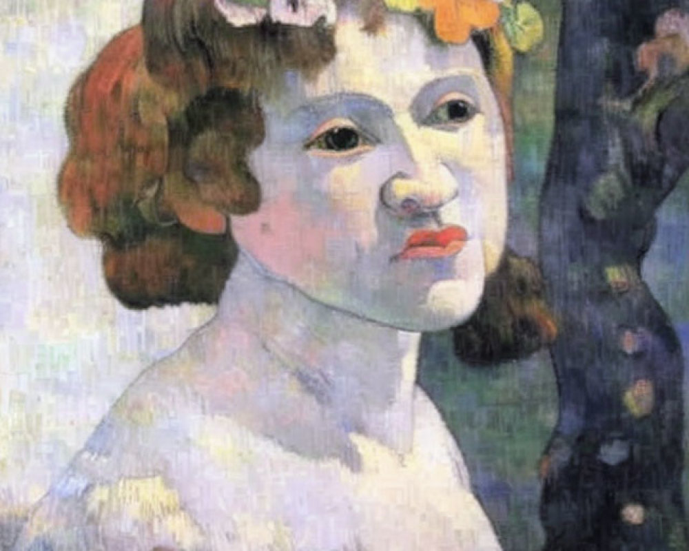 Portrait of woman with solemn expression and floral wreath, against blossoming tree backdrop