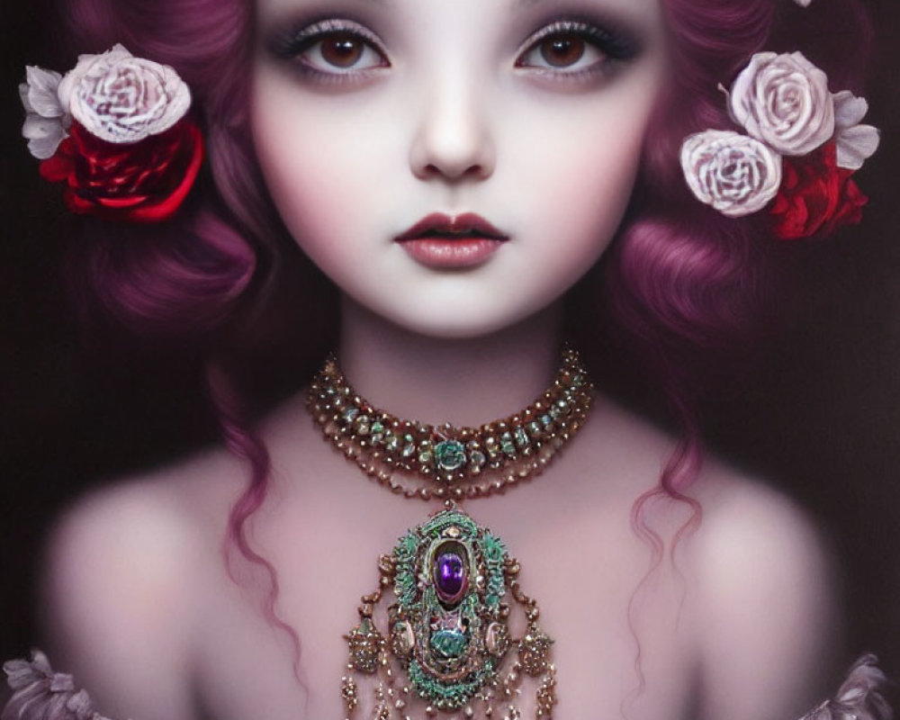 Illustrated portrait of a girl with purple hair, large eyes, roses, and ornate necklace