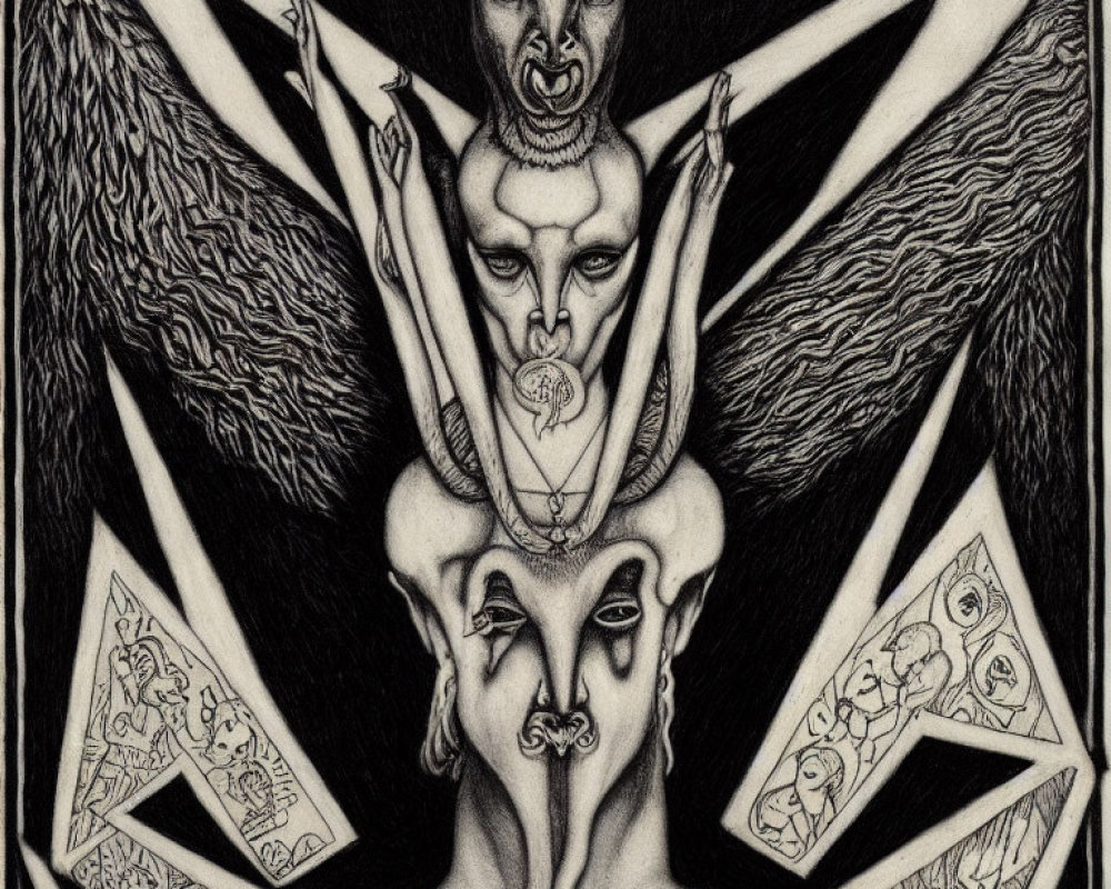 Detailed Monochrome Drawing: Mirrored Figure with Intricate Markings, Symbols, Wings, and Multiple