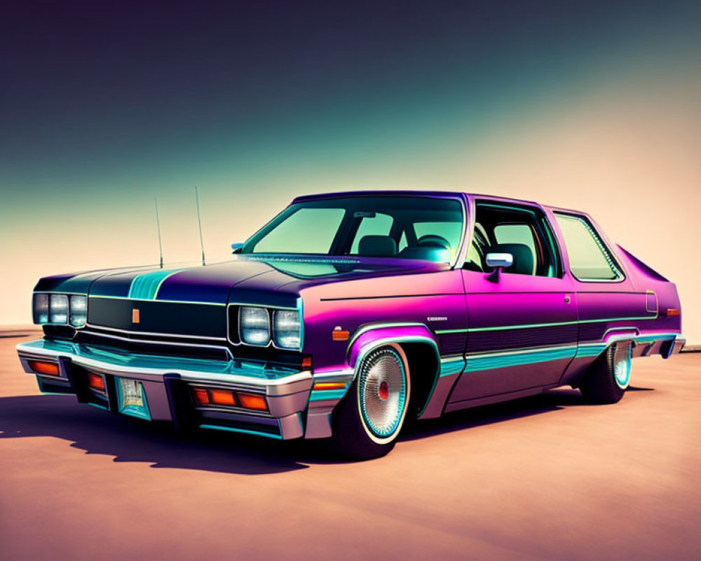 Vintage Car with Colorful Gradient Paint Job Under Pastel Sky