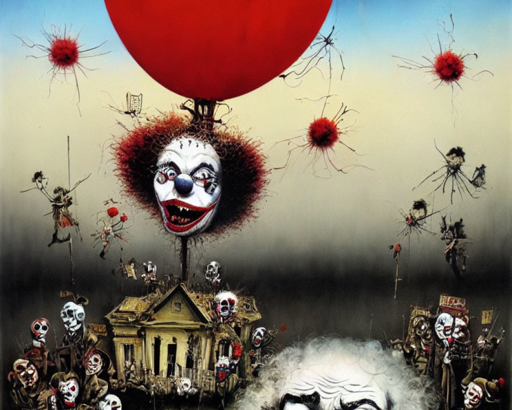 Surreal painting: Clowns, red balloon, dilapidated house, macabre fest