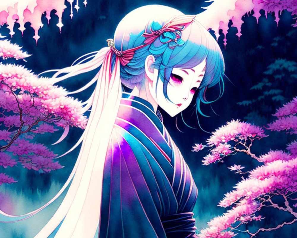 Blue-haired anime girl in traditional attire surrounded by pink cherry blossoms