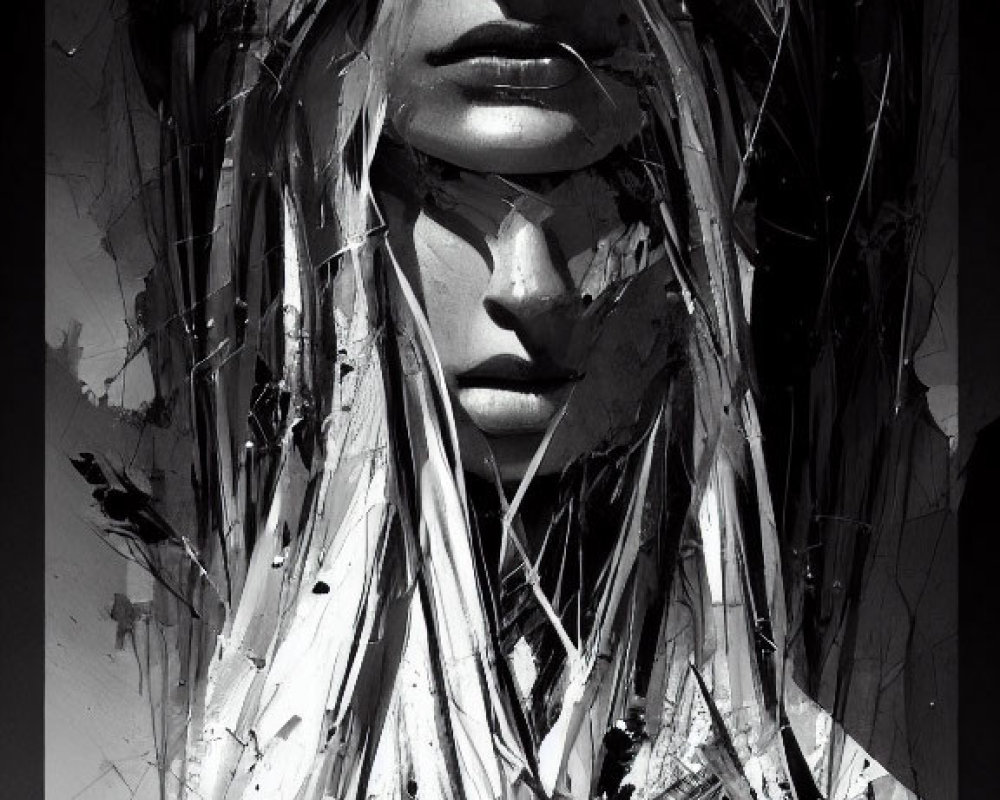 Monochromatic abstract portrait with shattered glass-like shapes