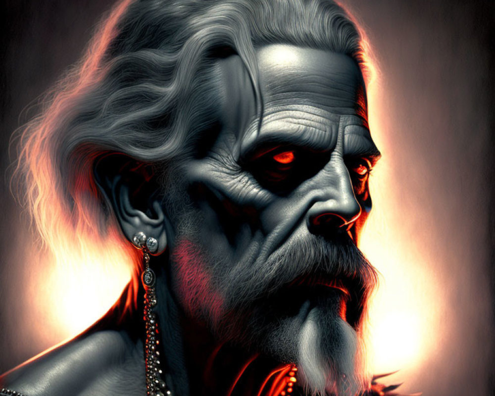 Elderly man digital artwork with red eyes and ornate clothing