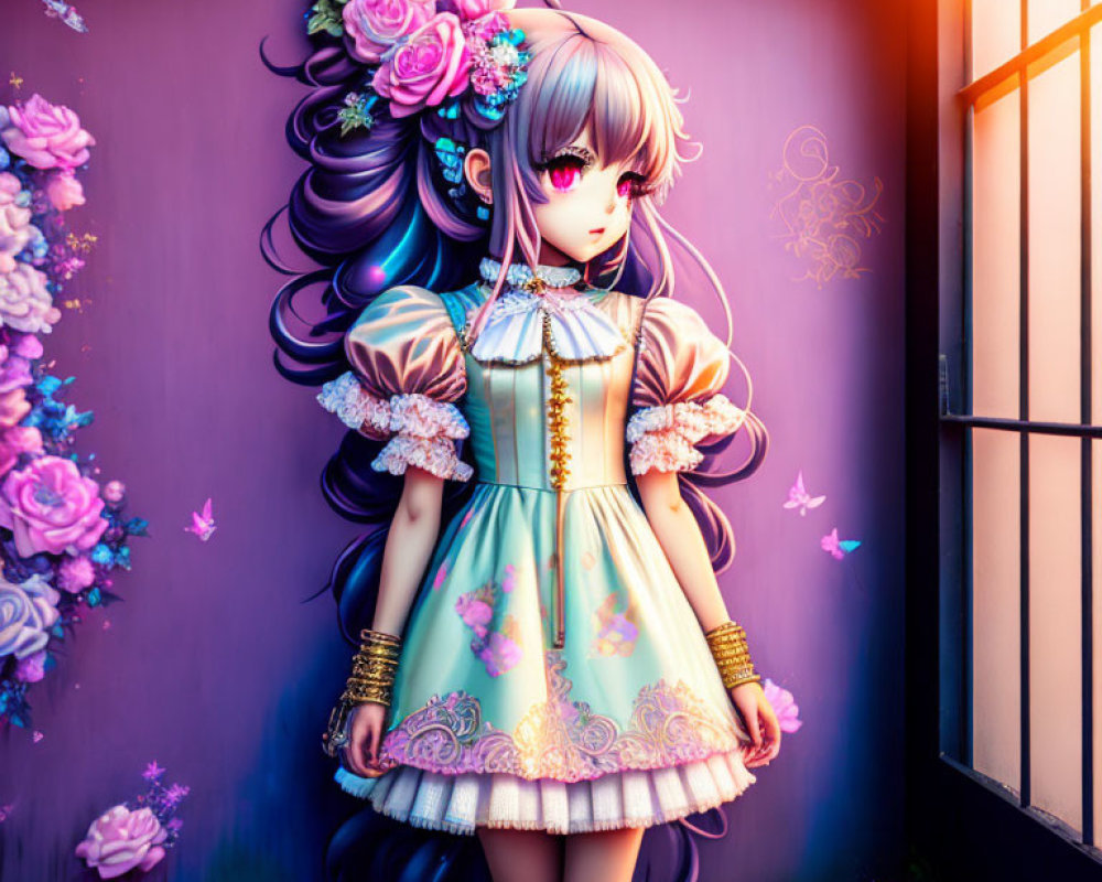 Whimsical anime-style girl in ornate dress by purple wall