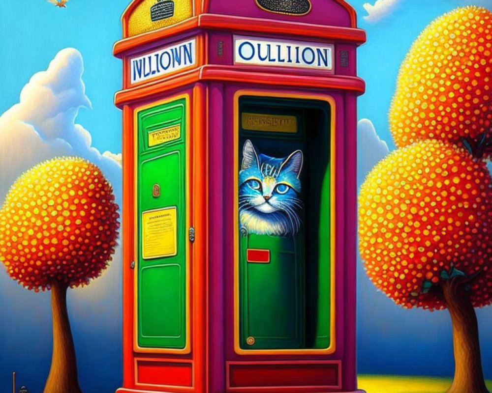 Vibrant red British phone booth with blue cat in whimsical painting