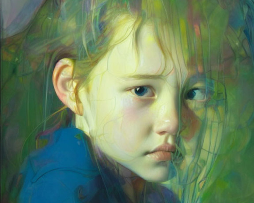 Young girl painting with contemplative expression and abstract green and blue swirls.