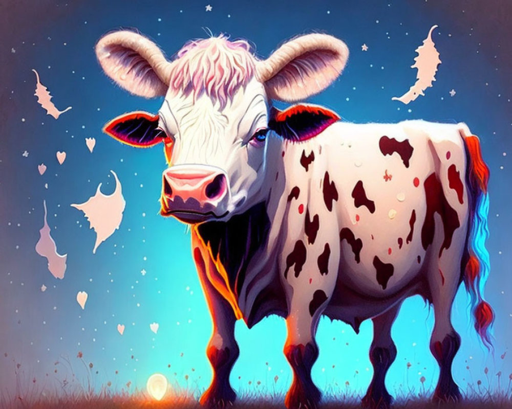 Colorful Cow Illustration with Whimsical Background and Butterflies