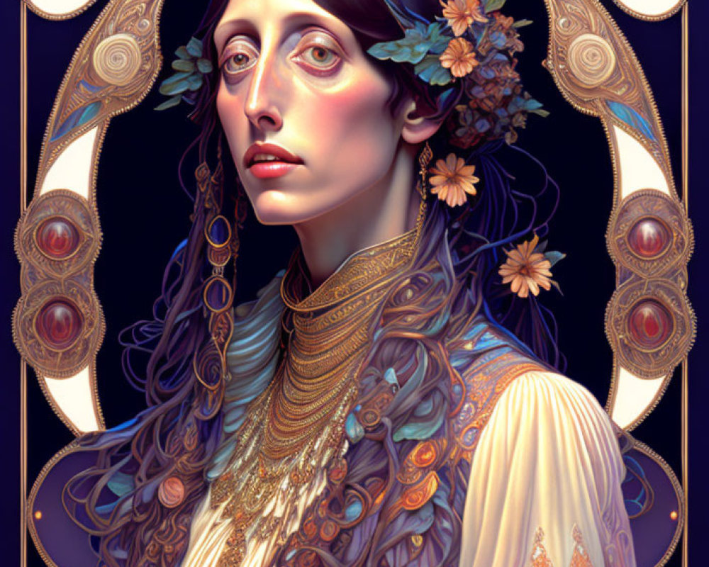 Art Nouveau Woman Illustration with Floral Hair Adornments and Gold Jewelry