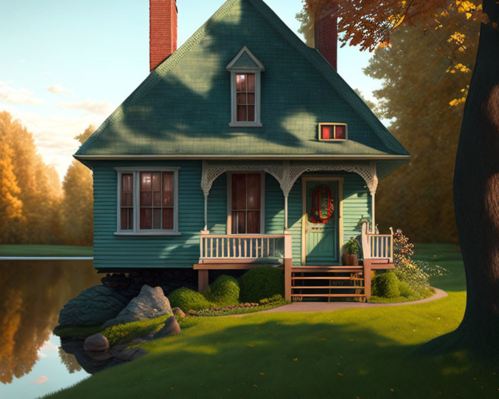 Blue gabled roof house by tranquil pond and autumn trees