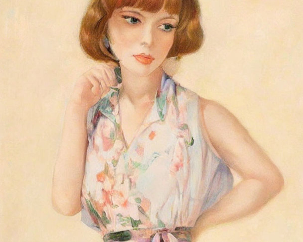 Vintage-style painting: Young woman in floral hat and dress posing against light background