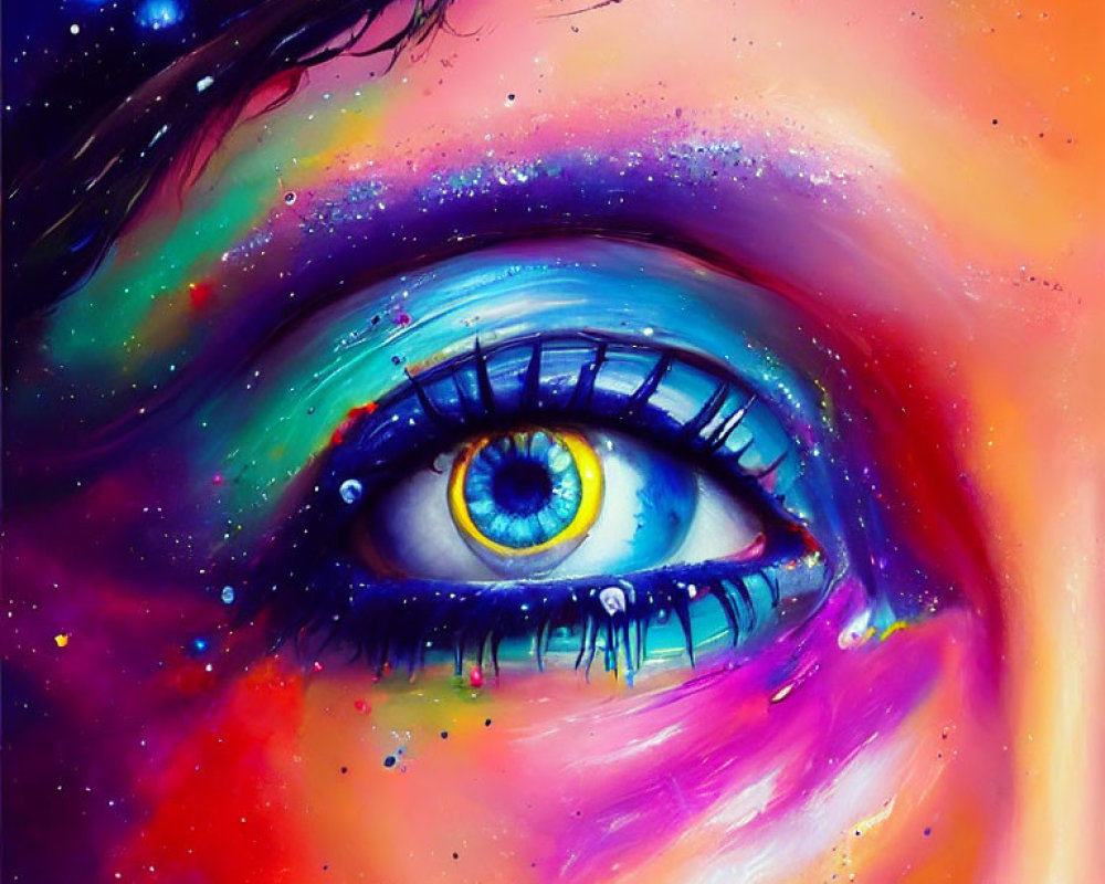 Close-up Eye with Cosmic Makeup Palette on Starry Galaxy Background