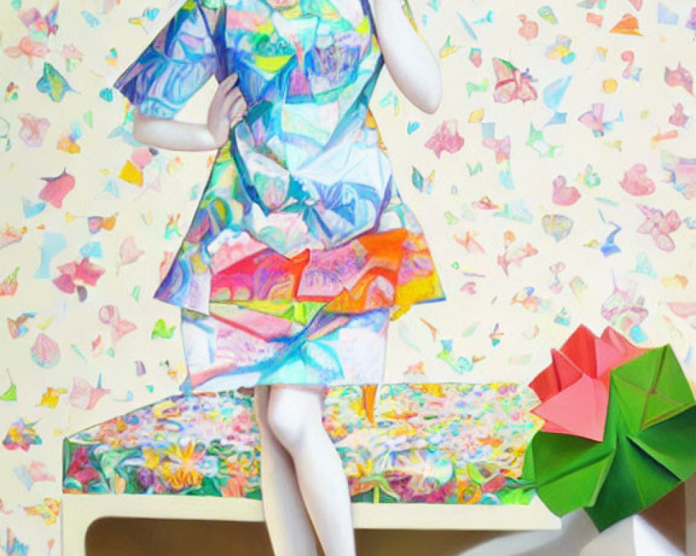 Illustrated female character with oversized eyes and bob haircut in colorful room holding patterned paper dress