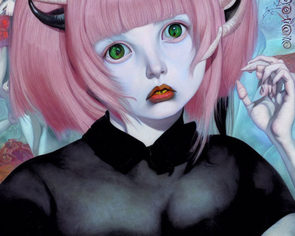 Fantasy portrait featuring pink hair, green eyes, horns, pointed ears, and black outfit on a