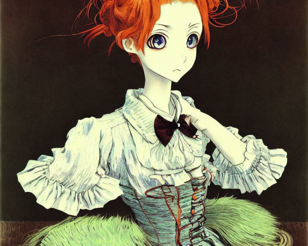 Illustrated girl with orange hair in white blouse and corset against dark background