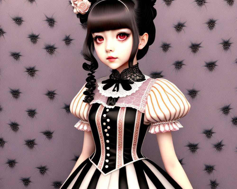 Illustration of doll-like girl in Gothic Lolita fashion on pink background.