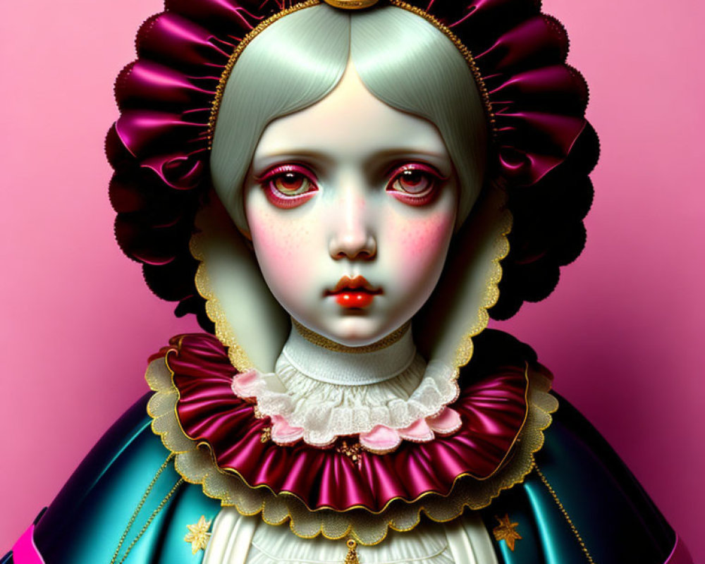 Surreal doll-like character in period clothing on pink background