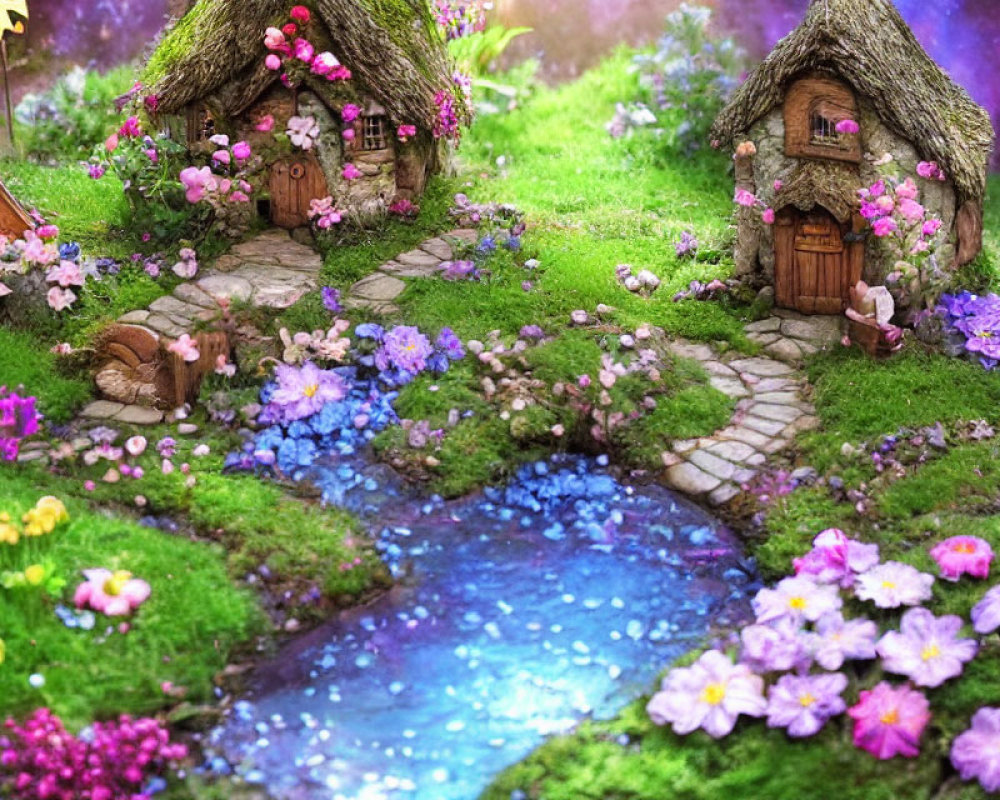 Miniature Thatched Fairy Houses in Vibrant Flower Village