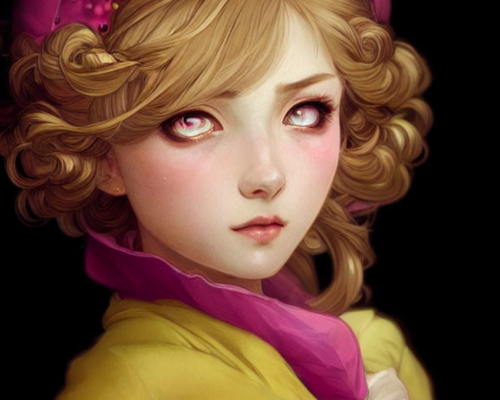 Girl with Curly Hair in Pink Hat, Pink Eyes, Yellow Top, and Pink Scarf