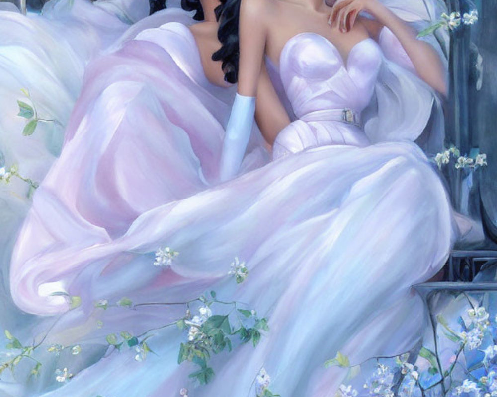 Three elegant women in white floral gowns among lush blossoms