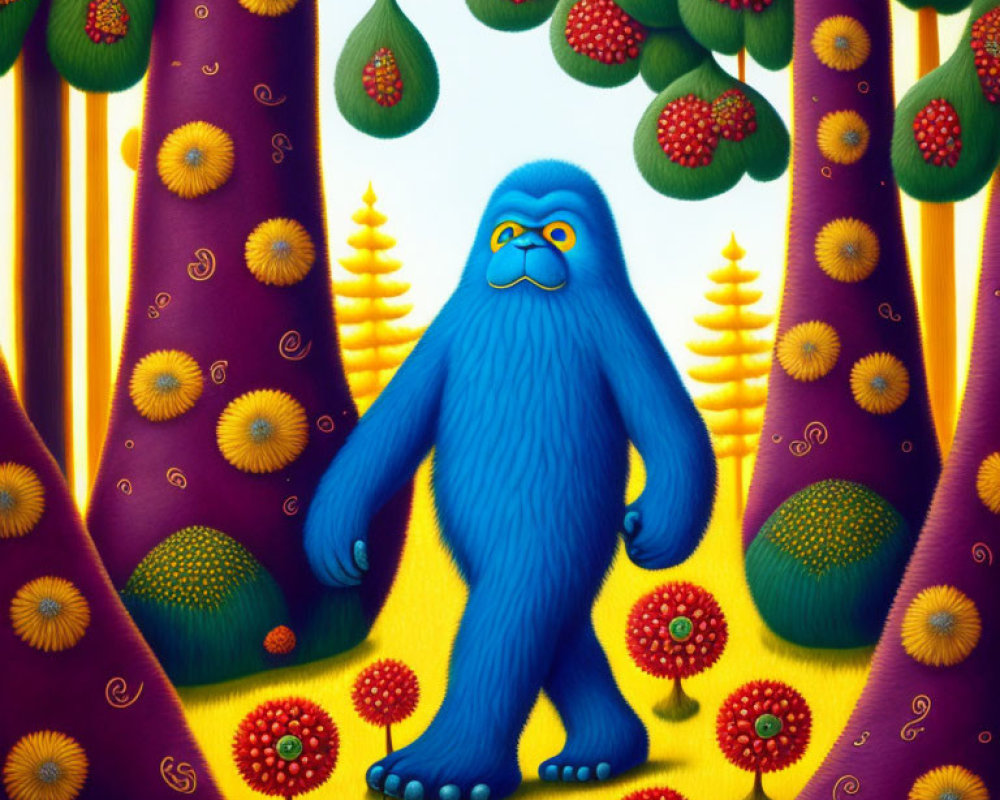 Colorful illustration: Blue furry creature in whimsical forest with purple trees & diverse plants