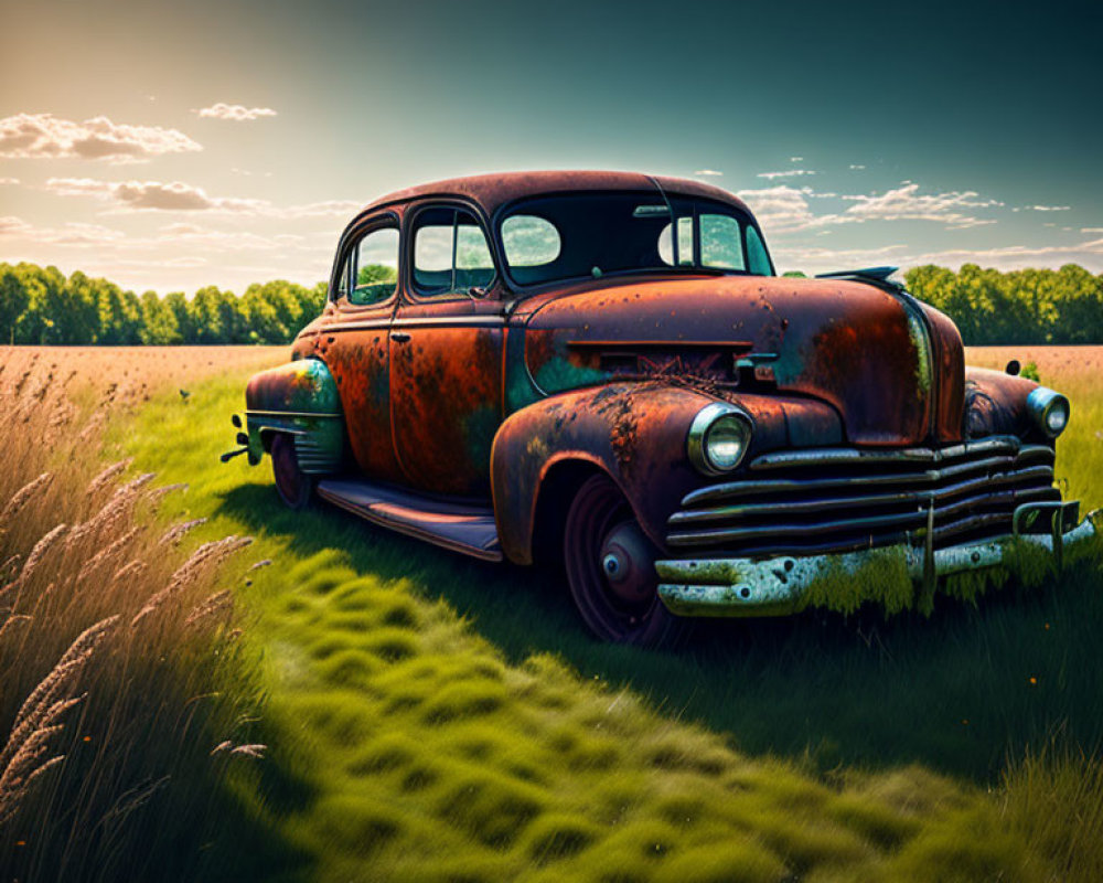 Rusted abandoned car in field at sunset