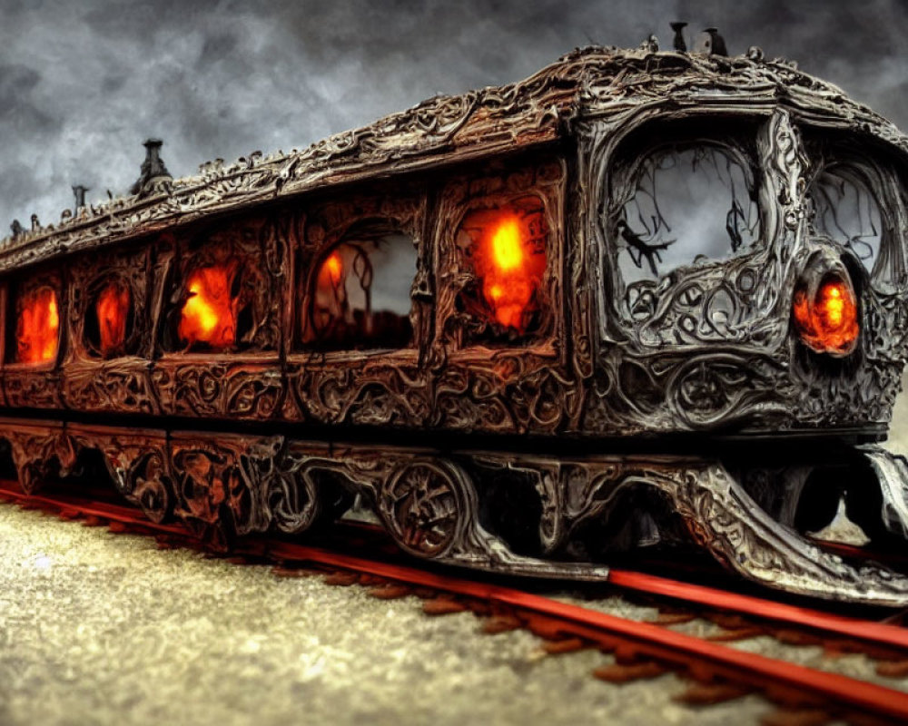 Gothic-style train with glowing orange windows on tracks against gloomy sky