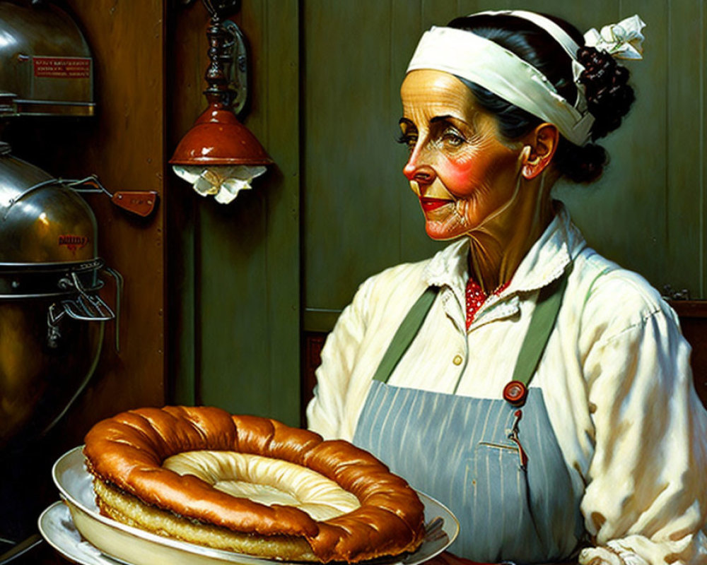 Stylized painting of woman with rosy cheeks presenting sausage plate