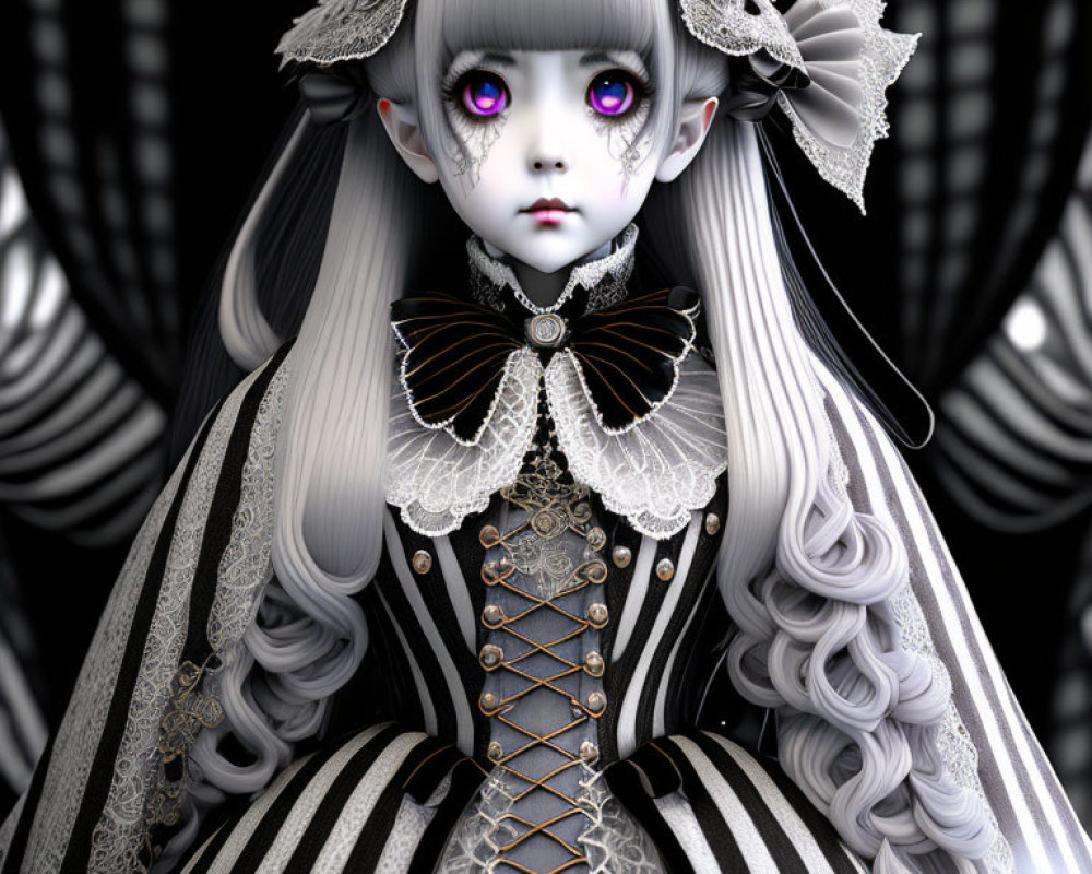 Gothic doll with purple eyes in black and white dress and bonnet