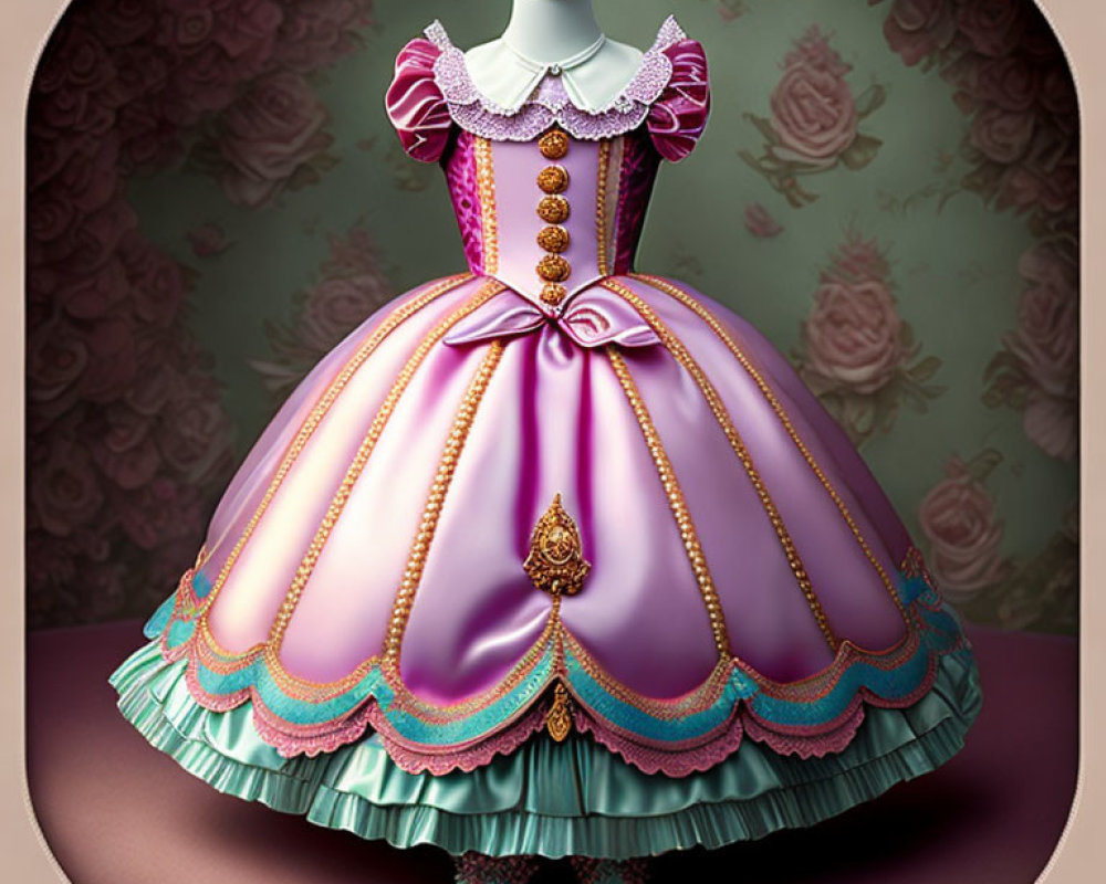 Vintage-style pink and purple dress with gold trim and bow on mannequin against rose-patterned backdrop