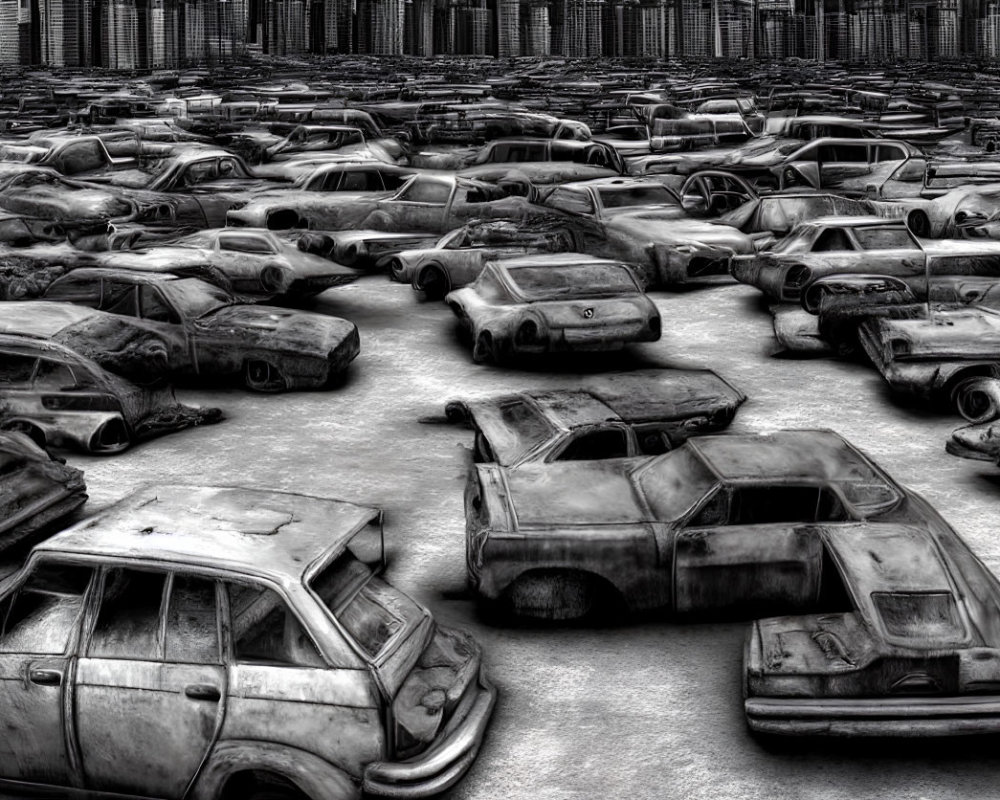 Rusted cars in dramatic monochrome filter showcase decay