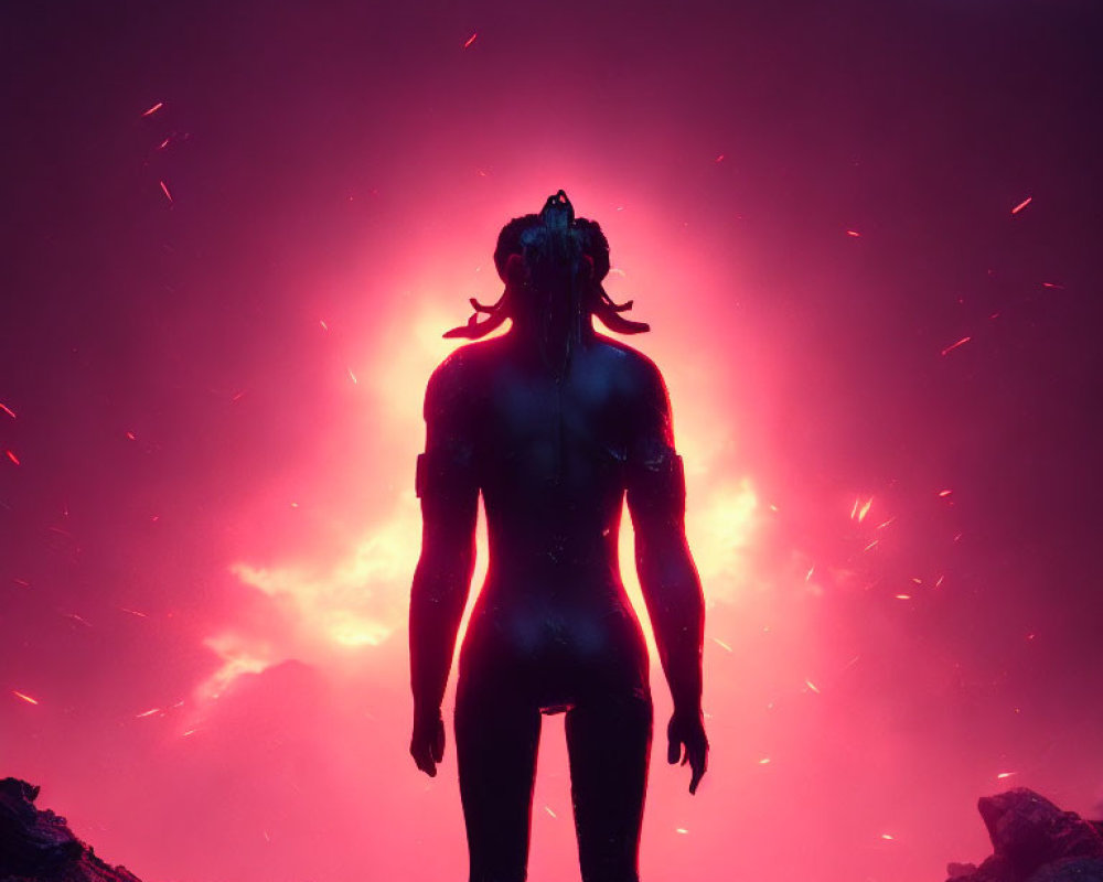 Mysterious silhouette against glowing red backdrop with floating ember-like particles
