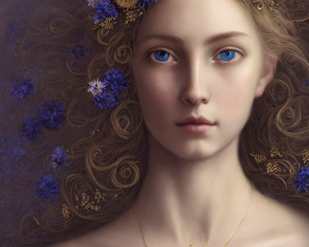 Portrait of woman with voluminous wavy hair & floral crown, blue eyes, gold necklace