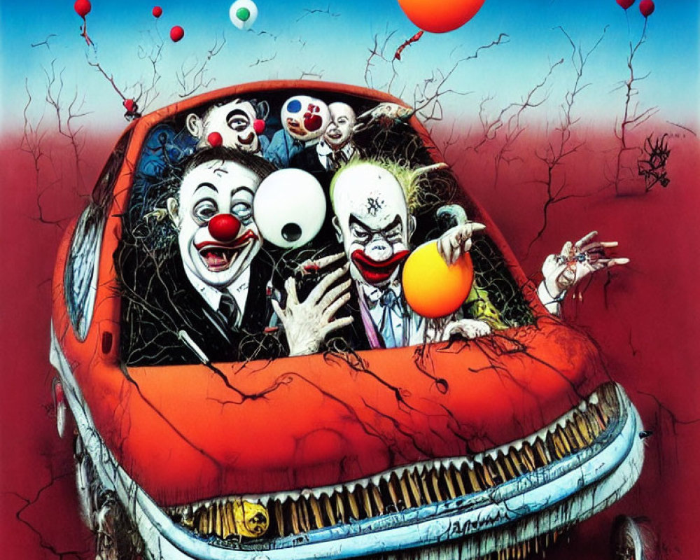 Colorful Clown Painting with Five Clowns in Small Car