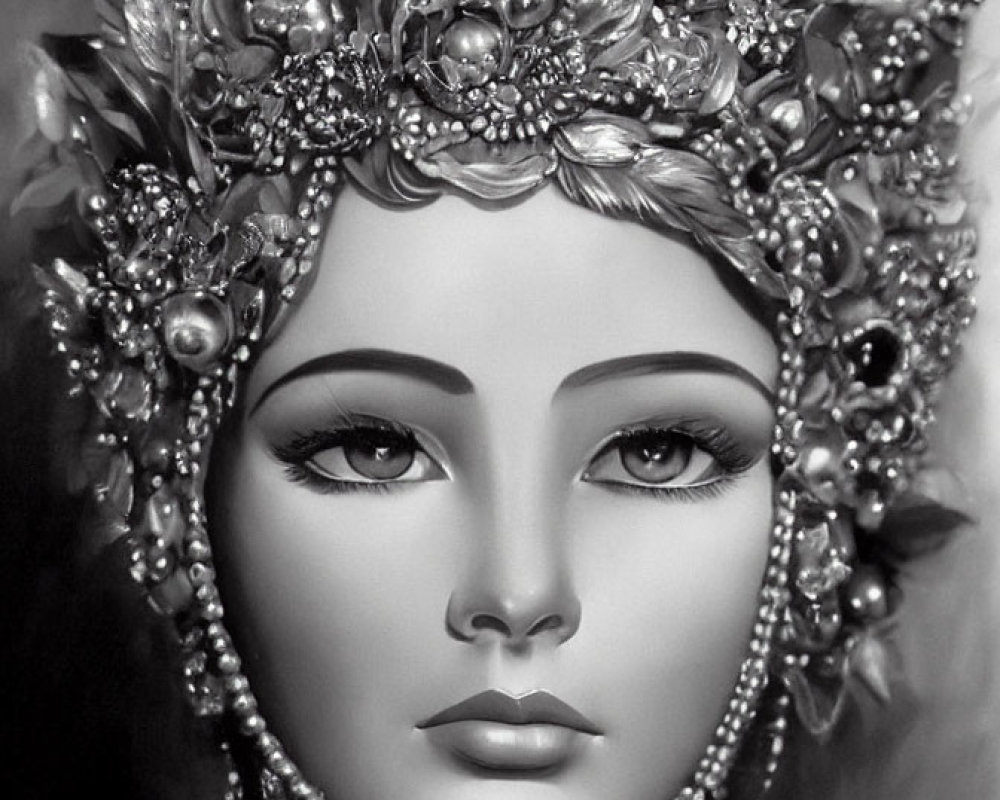 Monochrome portrait of a serene female figure with ornate jeweled headdress