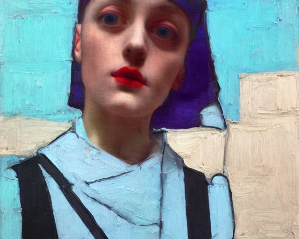 Stylized portrait of a woman with pale skin and red lips in a purple hat on pastel