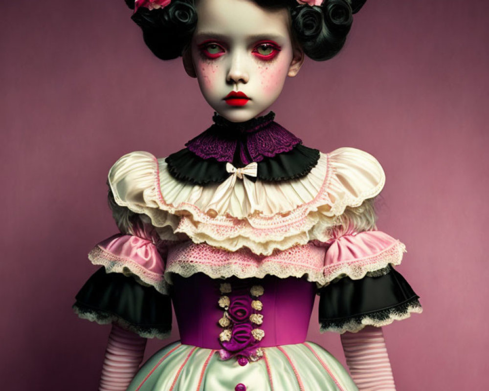 Pale-skinned doll-like character in Victorian dress with dark eyes and red accents