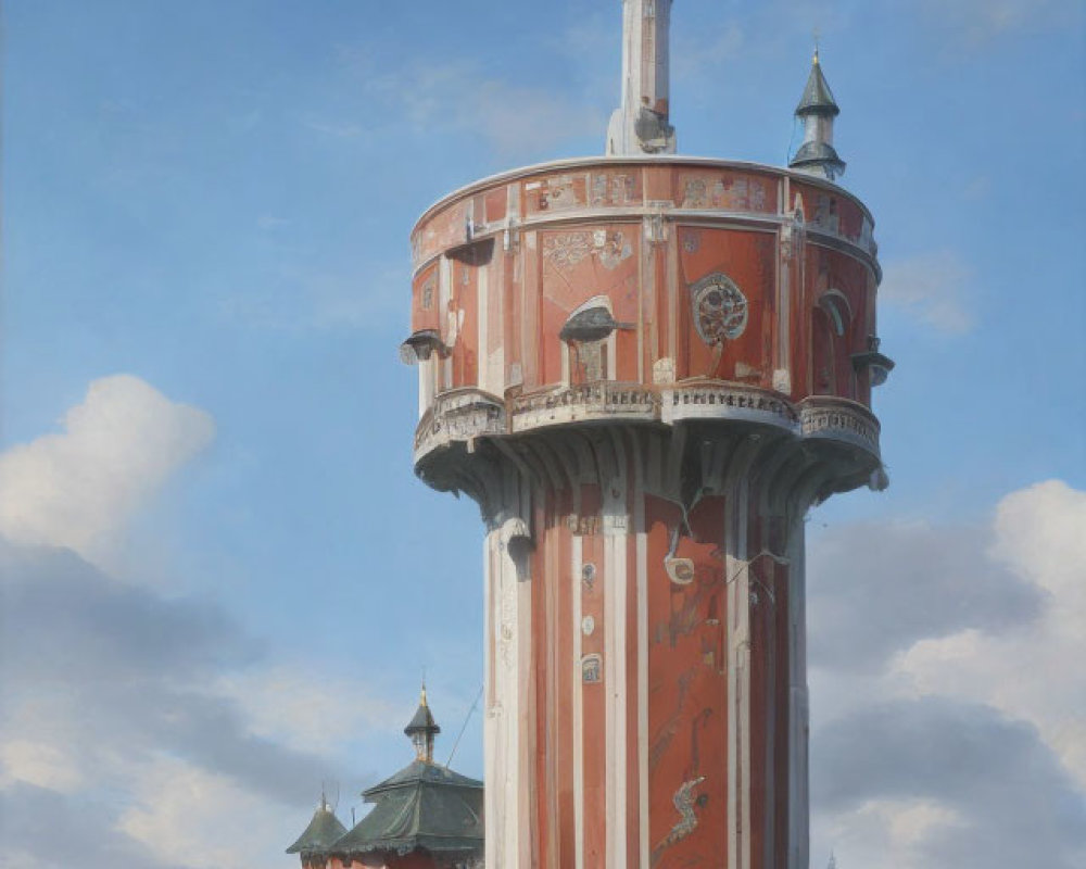 Elaborately decorated water tower with spires against blue sky