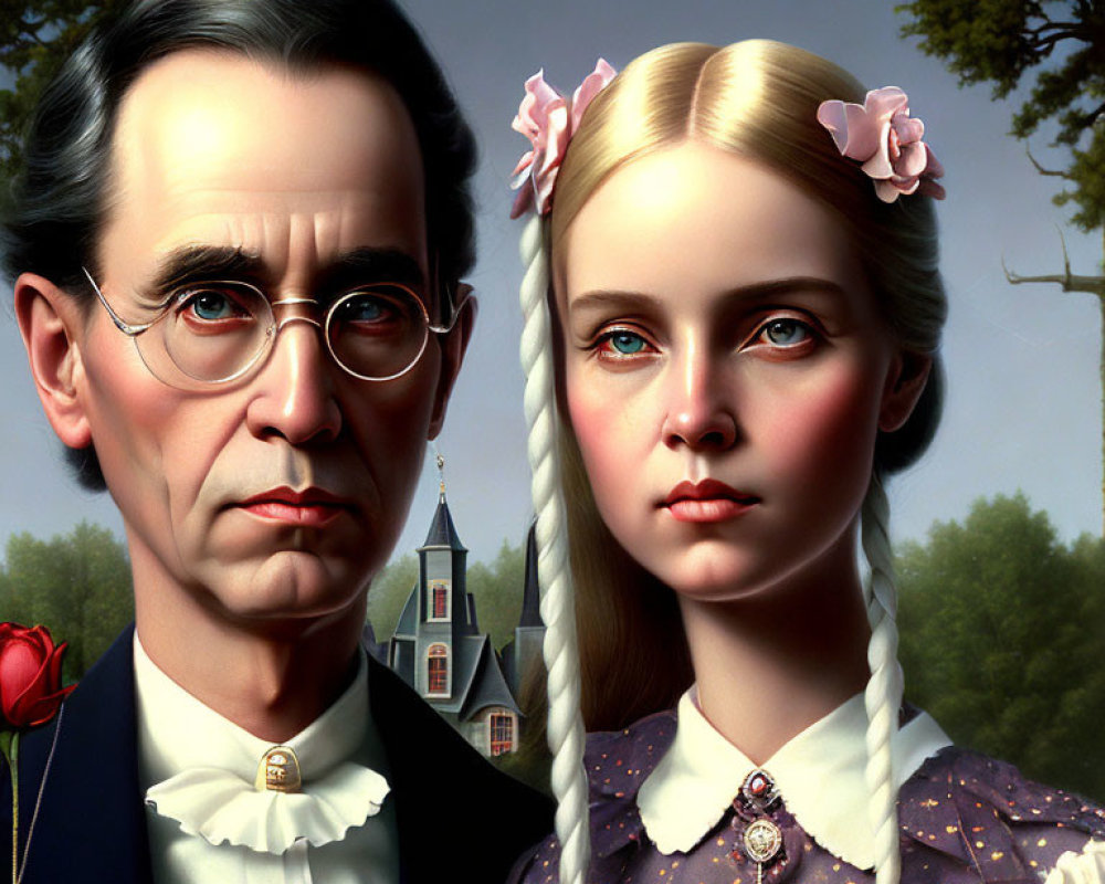 Hyperrealistic Illustration of Stern Man & Young Girl in Vintage Clothing with Church Background